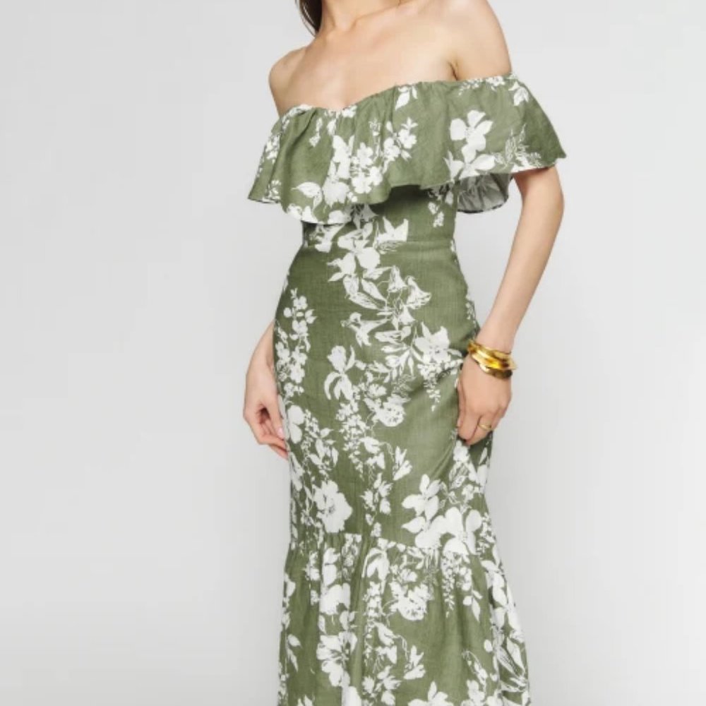 NWOT Reformation Baela Linen Dress in Willow Green White Floral Midi - Picture 3 of 7